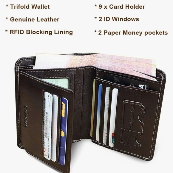 CIEPHIA RFID Blocking Trifold Genuine Leather Wallets - Brown - Picture 9 of 10